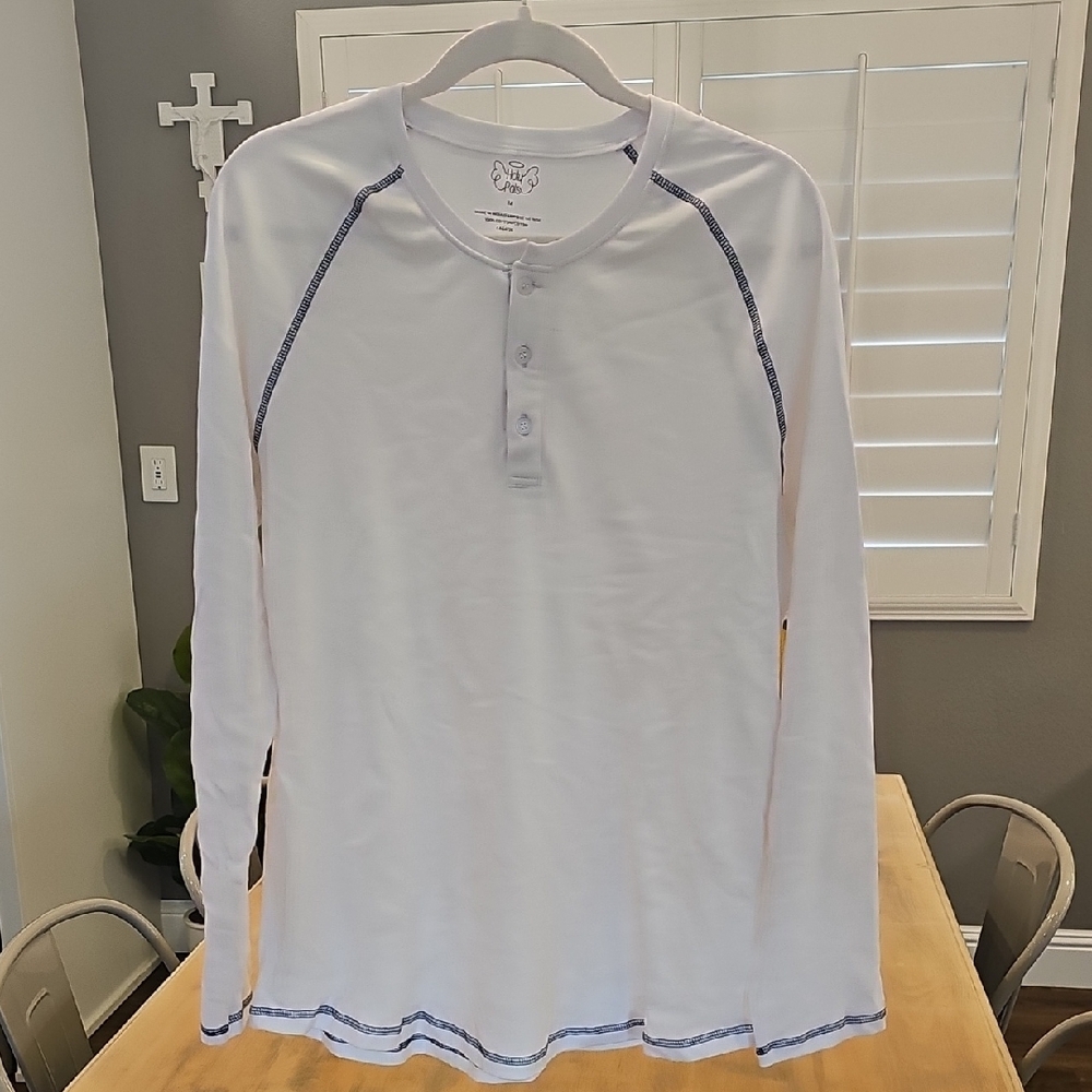 NWT - Holy Pals Men's White Long Sleeve Henley Shirt With Blue Stitching Size M